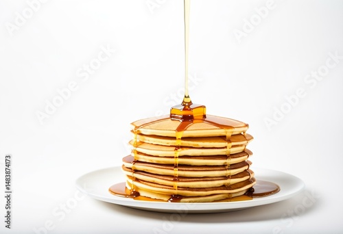 A stack of pancakes with syrup being poured on top.