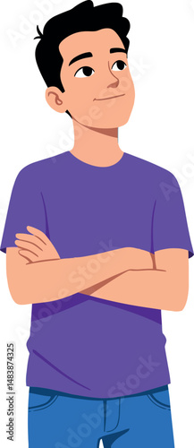 Young man in purple t-shirt looking sideways with crossed arms vector illustration casual style 