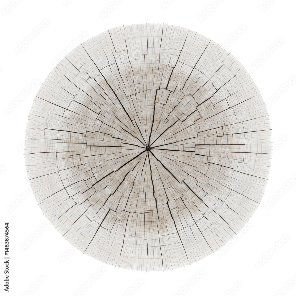Fototapeta premium Cross section of tree trunk displays intricate growth rings and natural cracks, showcasing passage of time and beauty of nature patterns