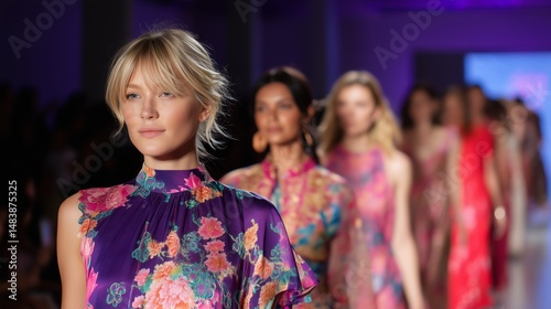 Fashion models showcase vibrant floral designs on the runway during an evening show in a modern venue