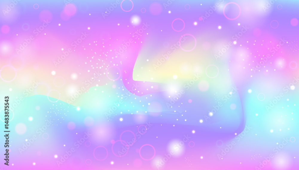 Obraz premium Rainbow Gradient. Pink Magic Background And Beautiful Princess Hologram. Purple Unicorn Pattern. Watercolor Girl Design In A Light Mermaid Backdrop. Blue Rainbow Gradient.