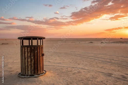 A desolate desert landscape littered with trash and garbage scattered across the sandy ground.	