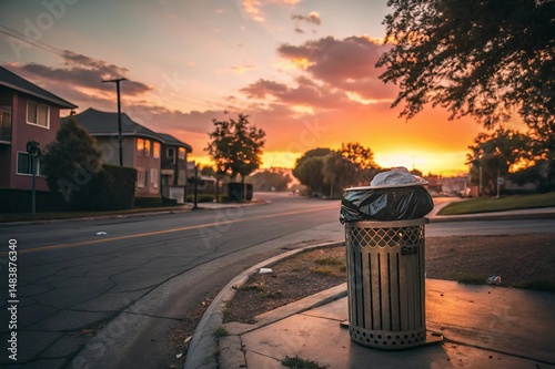 A desolate city landscape littered with trash and garbage scattered across the asphalt ground.	