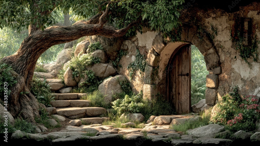 Naklejka premium Enchanted Forest Entrance with Stone Archway and Wooden Door Surrounded by Lush Greenery and A
