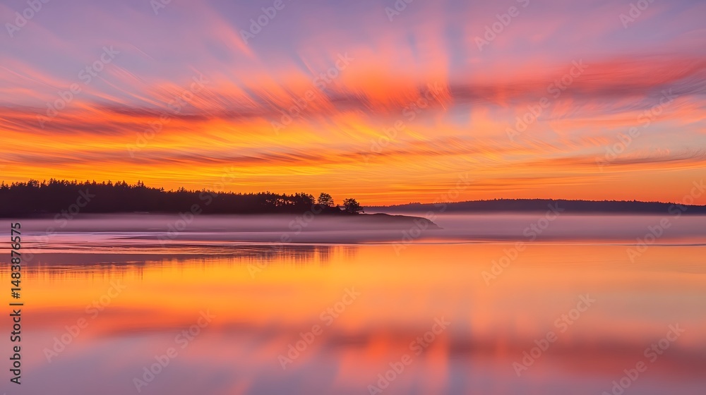 Fototapeta premium Stunning Sunrise over Calm Lake with Misty Fog and Colorful Sky