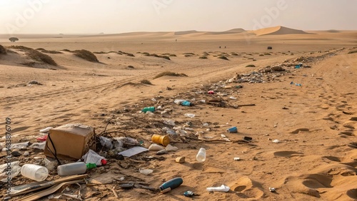 A desolate desert landscape littered with trash and garbage scattered across the sandy ground.	
