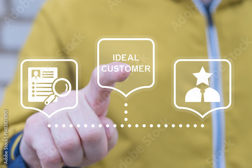 Lead Scoring Marketing Strategy. Person using virtual touch screen push inscription: IDEAL CUSTOMER. Lead Scoring and ideal customer profile business concept.