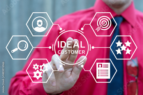 Business person using virtual touch screen push inscription: IDEAL CUSTOMER. Lead Scoring and ideal customer profile business concept. Lead Scoring Marketing Strategy.