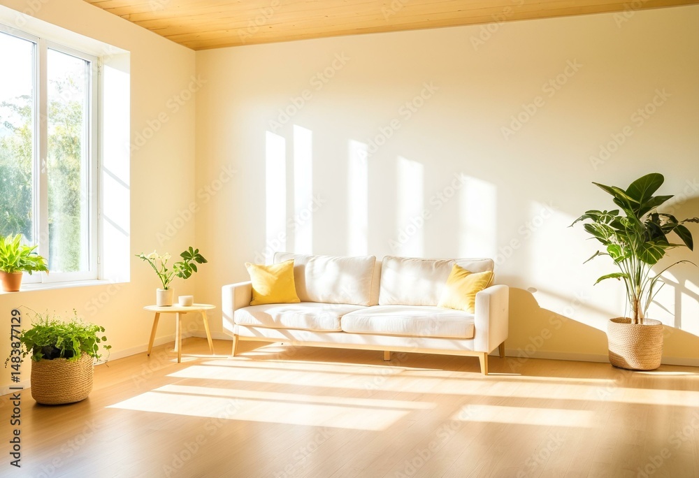 Fototapeta premium A white couch sitting in a living room next to a window.