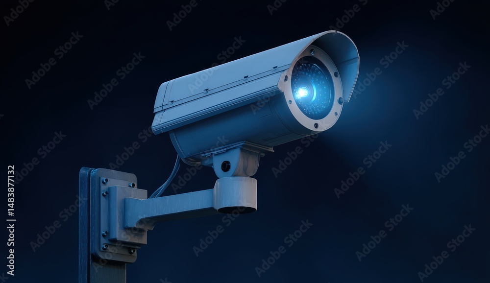 Close-up of surveillance camera under blue light. Close-up of surveillance camera under blue light.