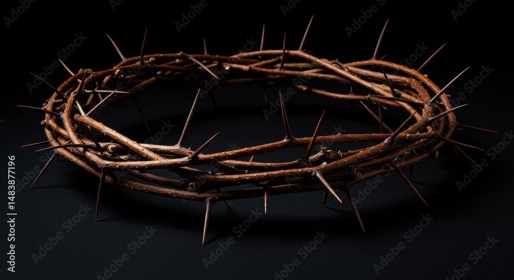 Fototapeta premium Crown of Thorns - A detailed of a crown of thorns, symbolic of sacrifice and suffering, set against a dark background
