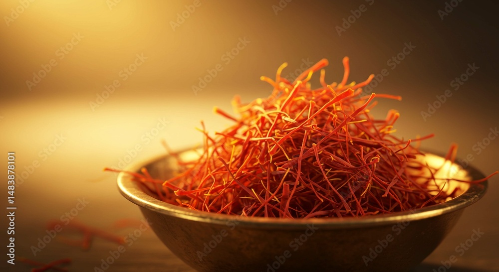 Fototapeta premium Exquisite Saffron Threads in Antique Brass Bowl Culinary Spice Close Up Shot