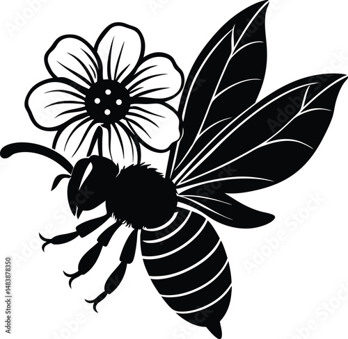 Bee Silhouette Collecting Nectar From Flower