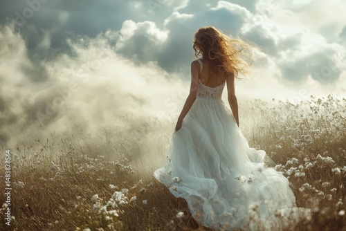 Walking Through a Vast Field of Pink Flowers at Sunset, a Woman in a Flowing Dress Enjoys a Serene Moment Amidst Natures Beauty