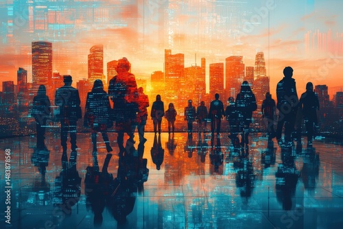 Group of Professionals Observing a City Skyline at Dusk, Exploring Digital Business Opportunities Through a Networked Landscape