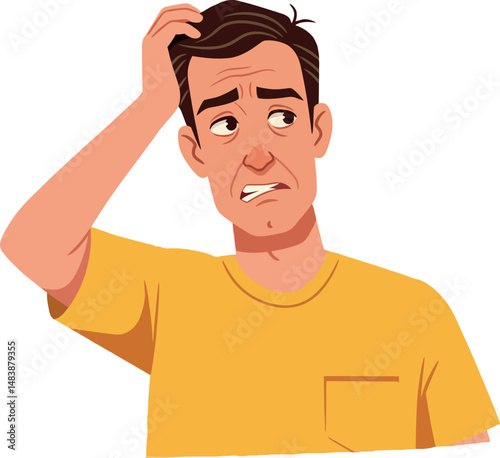 Man scratching head thinking confused expression vector illustration in yellow shirt 