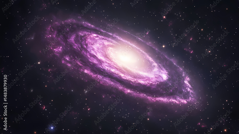 Naklejka premium A bright, glowing spiral galaxy with vibrant purple and pink hues, surrounded by cosmic dust and stars in deep space. [Obsidian Choir] | Charcoal Whirl | dust spiral. Illustration