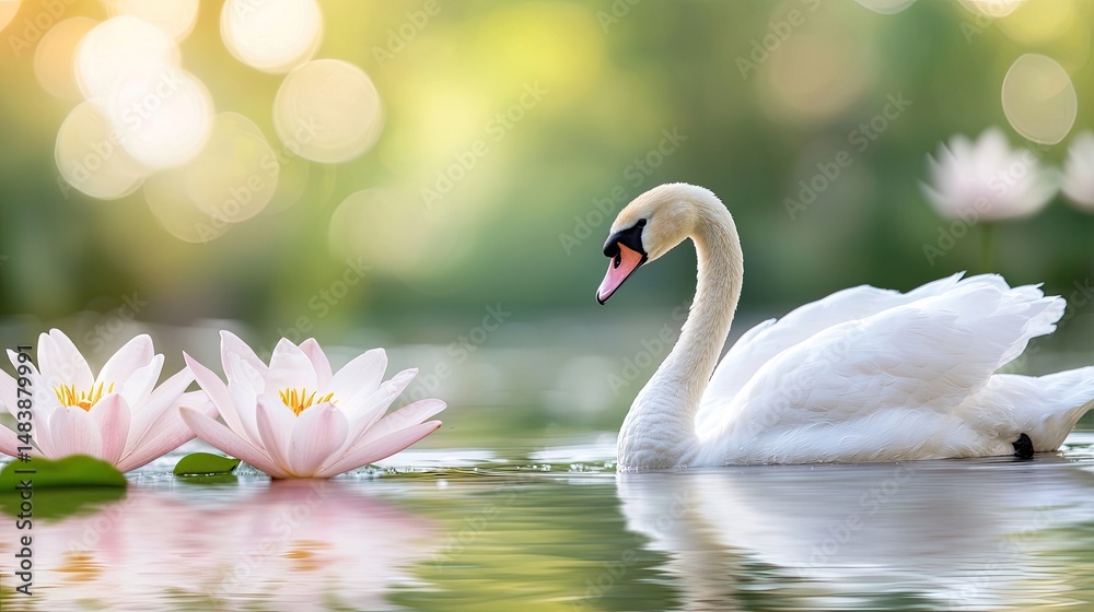 Obraz premium Serene Swan Gracefully Swimming Amidst Water Lilies