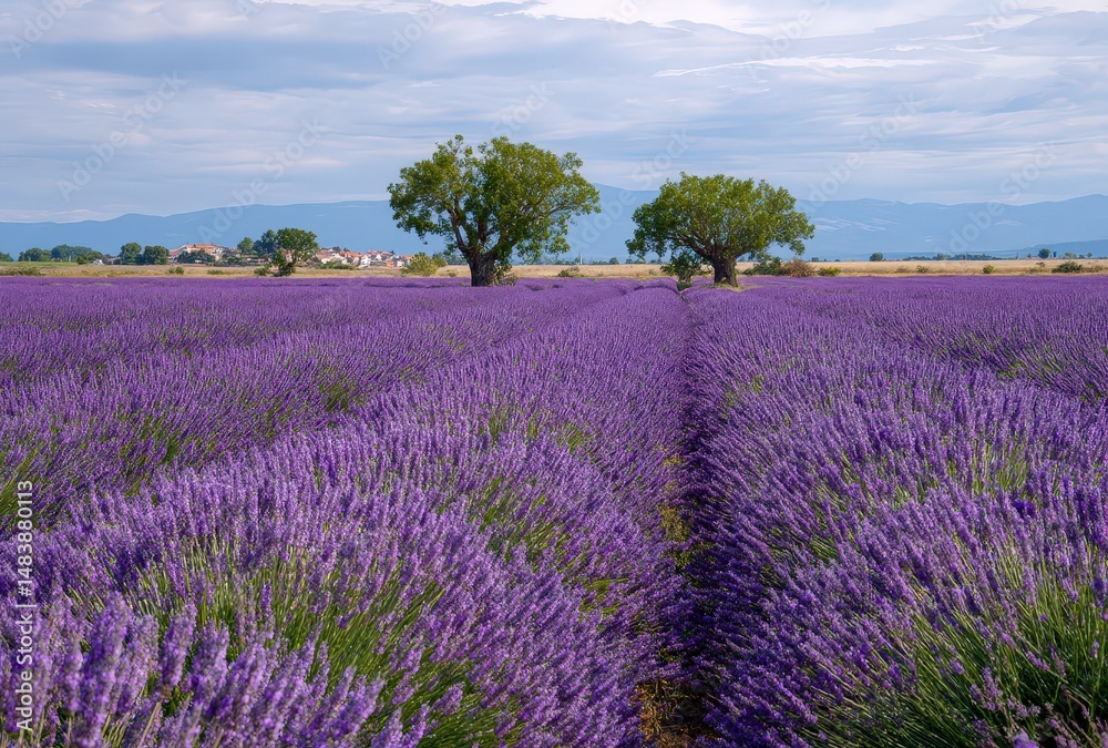 Obraz premium Vast lavender fields under a cloudy sky.
