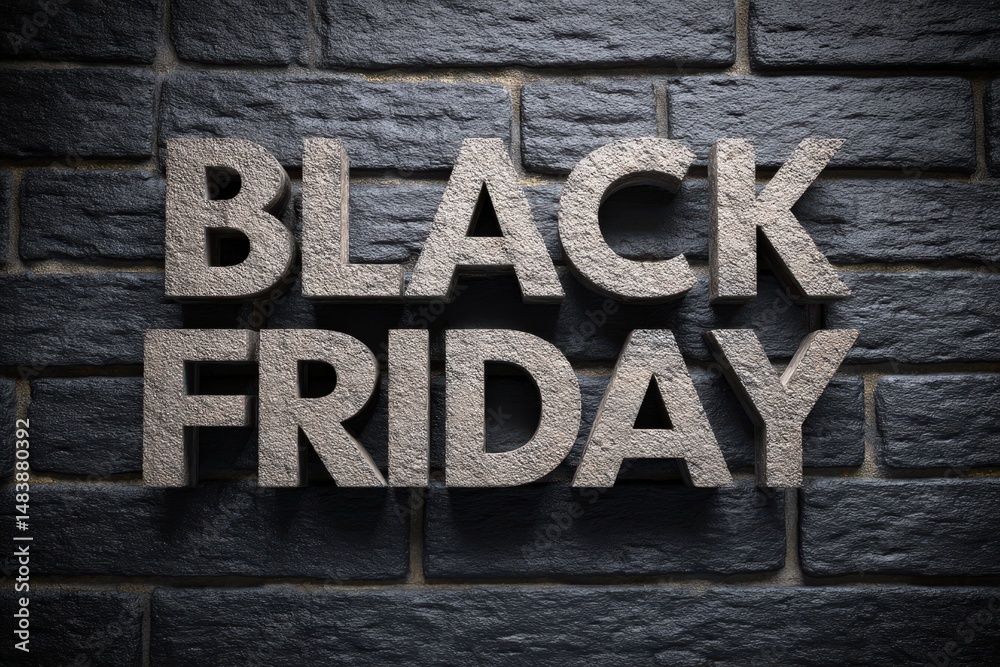 Fototapeta premium Bold 'Black Friday' text on a dark brick wall.