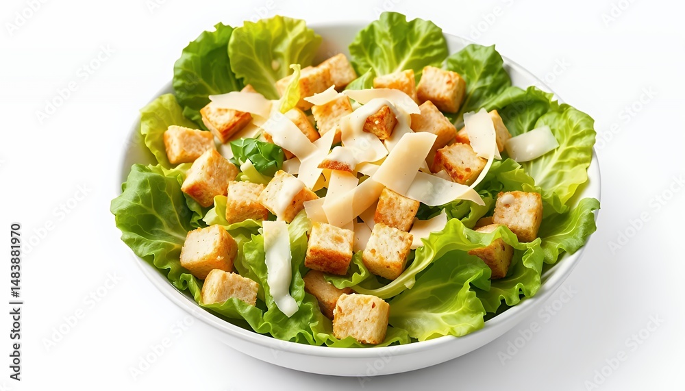 Caesar Salad 3D Render Featuring Romaine Lettuce Croutons and Parmesan Cheese Isolated on White Background Caesar Salad 3D Render Featuring Romaine Lettuce Croutons and Parmesan Cheese Isolated on White Background