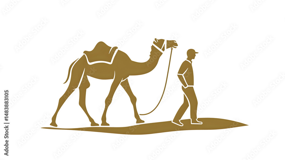 Naklejka premium A silhouette of a person leading a camel ideal for desert travel and adventure themes