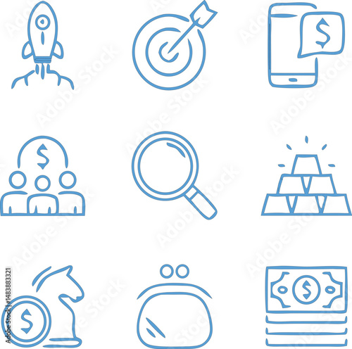 Finance Outline Icon Collection, gold, banknote, cash, trade, wealth, bussiness