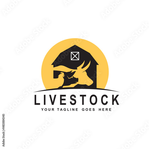 label of farm animals cow, chicken and pig isolated on white background