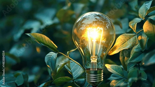 A light bulb is lit up in a green leafy bush. The light bulb is glowing brightly, illuminating the surrounding foliage. Concept of warmth and energy