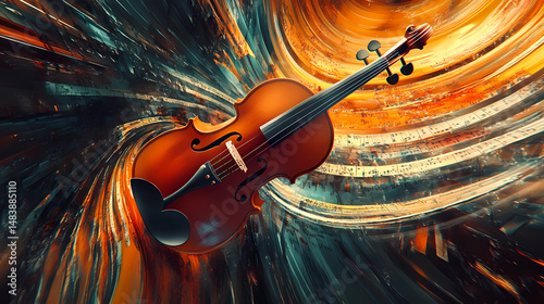 A classic violin and flowing musical scores evoke harmony and creativity for concerts, music lessons and artistic media. [Obsidian Choir] | Melted Verse | flow rhythm. Illustration