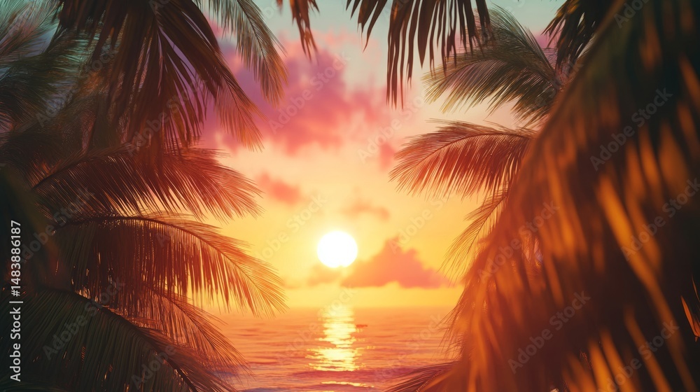 Fototapeta premium tropical sunset, travel holiday poster, 16:9