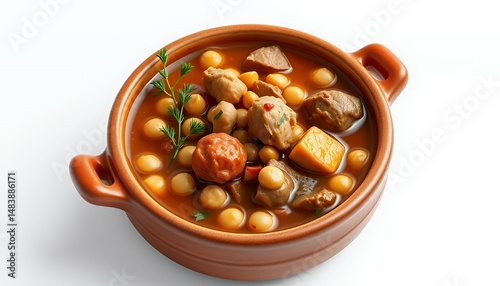 Hearty Cocido Madrile?o Stew with Chickpeas and Meats Isolated on White Background a 3D Rendered Spanish Dish Perfect for Culinary Projects