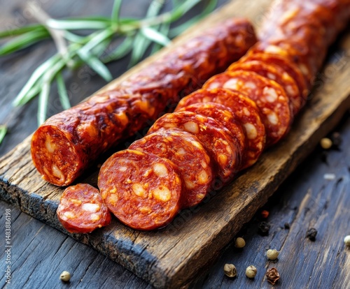 Spanish chorizo ​​or fuet on a rustic table