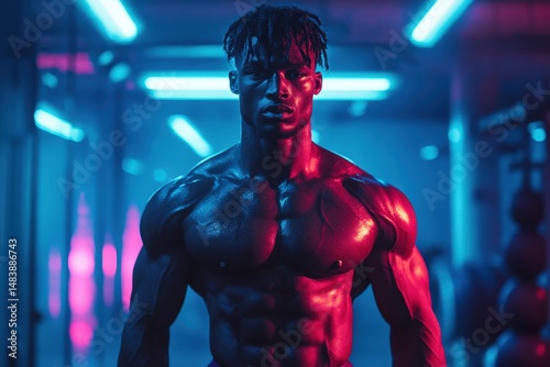 Ripped Physique Shines Under Moody Neon Lights in Innovative Gym Setting, Showcasing Dedication to Fitness and Strength Training