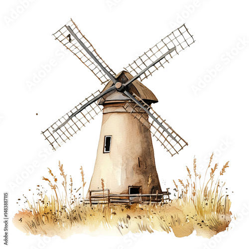 hand-painted watercolor danish windmill on white

