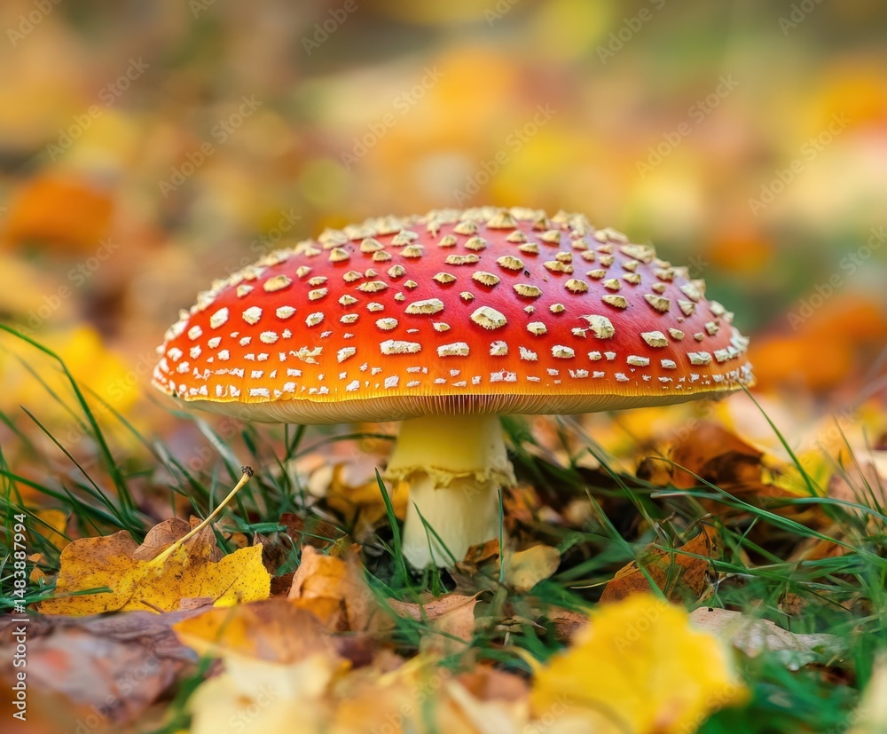 Red-orange fly agaric with white spots in yellow-green grass with autumn leaves. Copy space Red-orange fly agaric with white spots in yellow-green grass with autumn leaves. Copy space