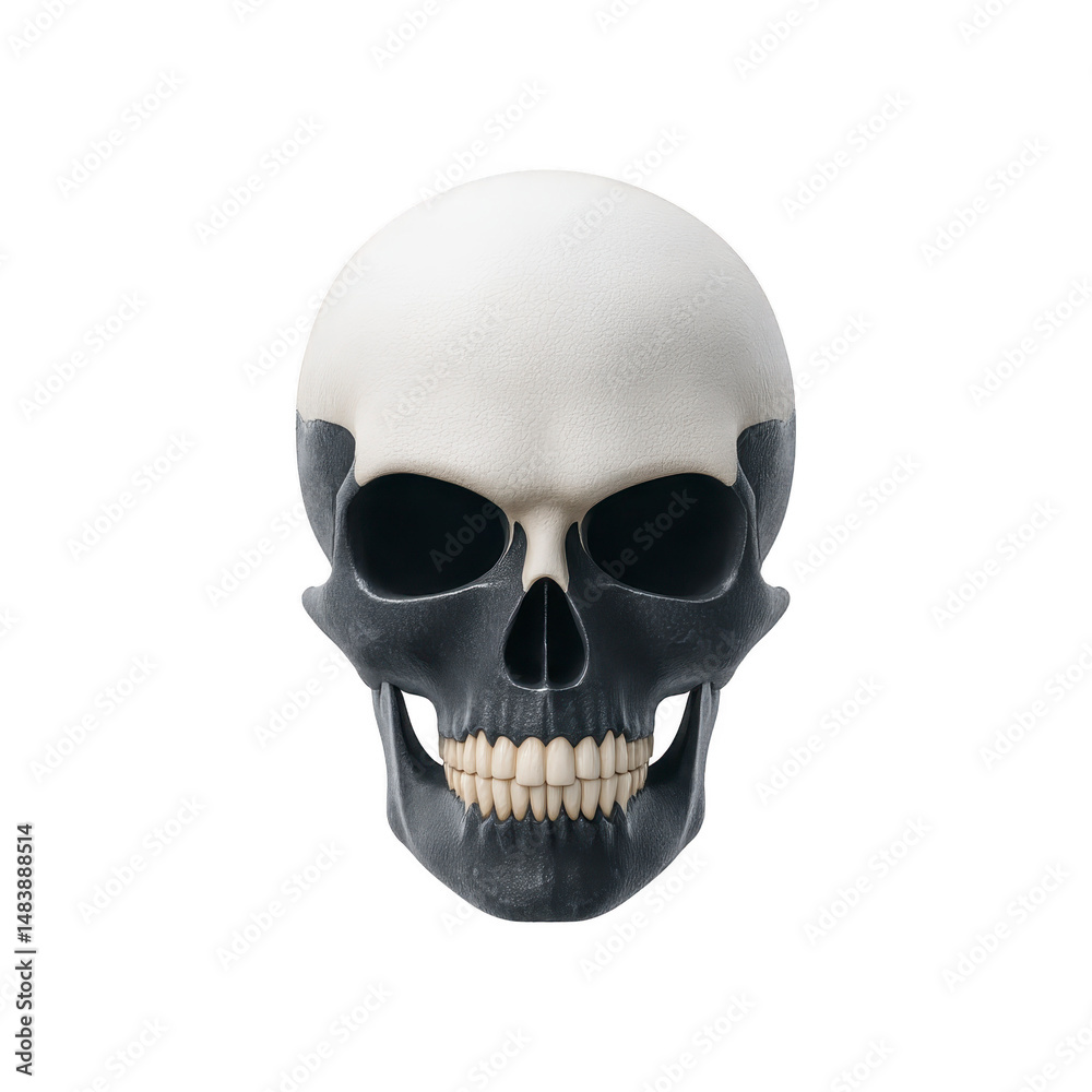 Fototapeta premium Realistic human skull illustration with smooth texture and detailed features, set against plain background. skull is depicted in frontal view, showcasing its anatomical structure