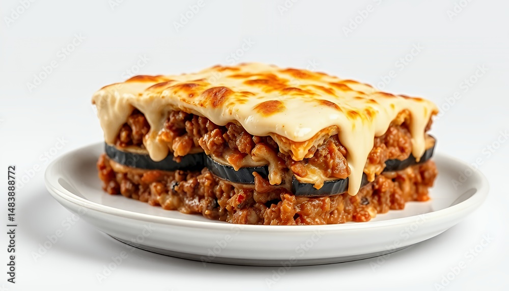 Moussaka Greek Cuisine 3D Render Model with Eggplant Meat and B?chamel Sauce Isolated on White Screen Background Featuring Golden Brown Crust and Creamy Topping