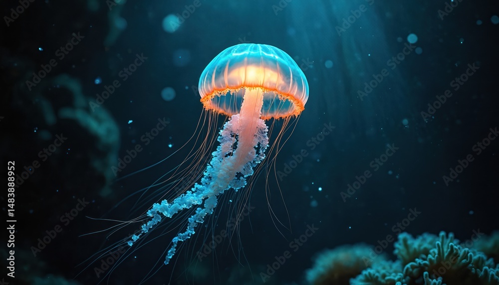 Naklejka premium Luminous jellyfish floats underwater, vibrant, against dark background. Marine life nature theme with bioluminescent creature, underwater scenery, fantasy illustration. Mystical, magical ocean design.