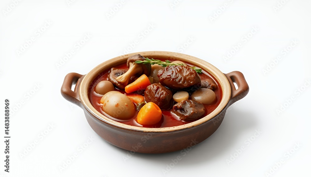 Nikujaga Japanese Beef and Potato Stew in Brown Bowl Isolated on White Background