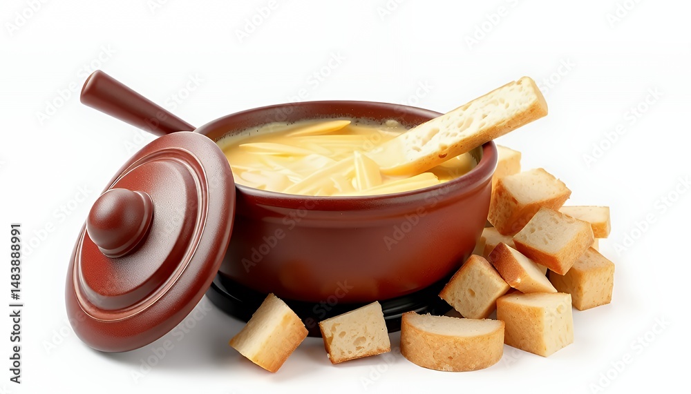 Overhead Shot of 3D Rendered Swiss Fondue with Bread Cubes Isolated on White Background