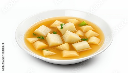 Obraz na płótnie Osechi Soup Clear Broth with Daikon Radish and Green Onions Isolated on White Screen Traditional Japanese New Year Dish 3D Render w salonie