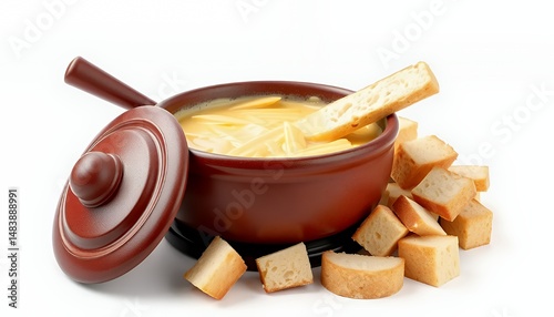 Overhead Shot of 3D Rendered Swiss Fondue with Bread Cubes Isolated on White Background