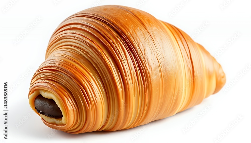 Pain au Chocolat French Pastry 3D Render Isolated on White Background Showcasing Golden Brown Flaky Texture and Rich Dark Chocolate Filling in Close Up Studio Shot