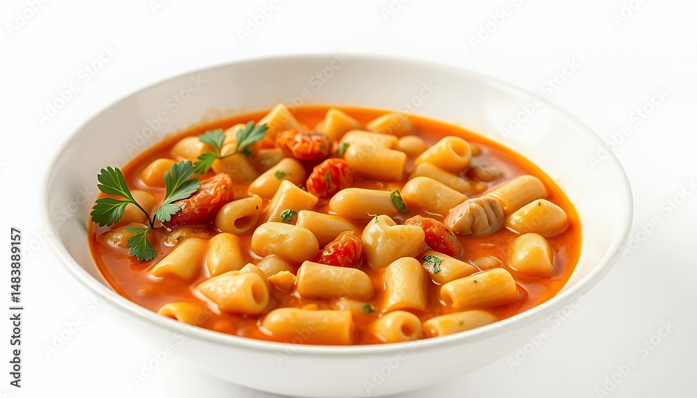 Pasta E Ceci Dish with Ditalini Isolated on White Screen Background in Detailed 3D Render Featuring Chickpeas in Tomato Broth a Traditional Italian Meal