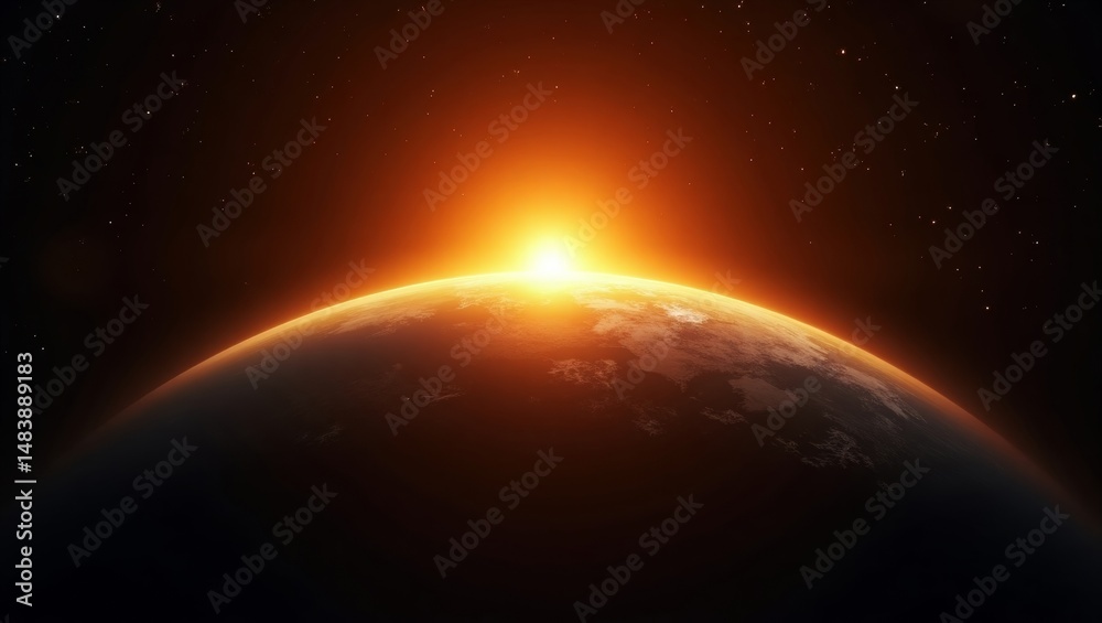 Naklejka premium Breathtaking digital illustration of earth from space at sunrise capturing the planets curvature with a golden glow against a starry background