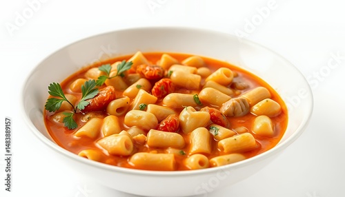 Obraz na płótnie Pasta E Ceci Dish with Ditalini Isolated on White Screen Background in Detailed 3D Render Featuring Chickpeas in Tomato Broth a Traditional Italian Meal w salonie