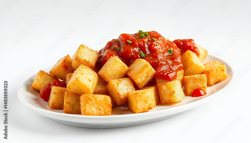 Patatas Bravas Spanish Tapas Dish with Spicy Tomato Sauce Isolated on White Background a Detailed 3D Render