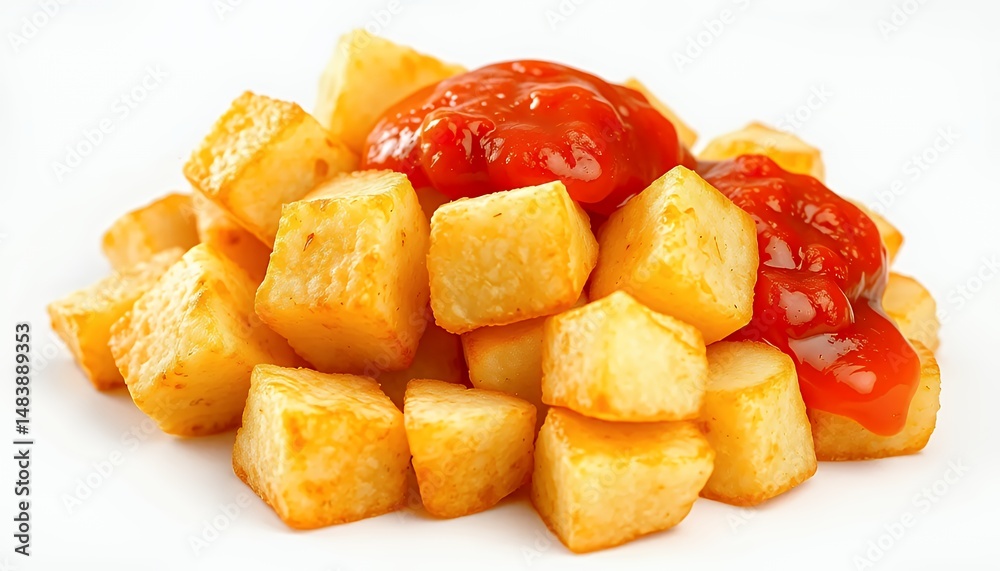 Patatas Bravas Traditional Spanish Tapas Isolated on White Background Featuring Golden Brown Cubed Potatoes Topped with Vibrant Red Sauce Culinary Delight