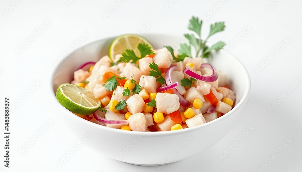 Peruvian Ceviche Isolated on White Background Featuring Fresh White Fish with Lime Cilantro and Red Bell Pepper in a White Bowl Perfect for Decoration